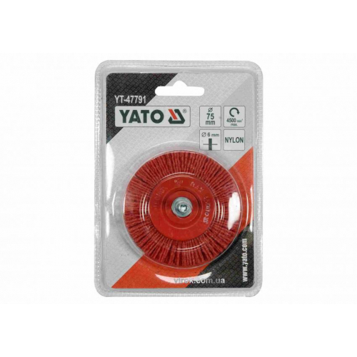 Щітка дискова зачисна з нейлоновим ворсом до дрилі YATO Ø75 мм 4500 об/хв зі шпинделем Ø6 мм