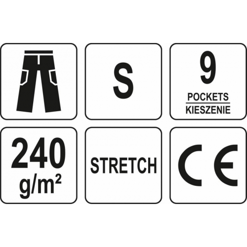 Штани робочі чорні YATO, розмір S; 9 киш 64%- поліестер, 34%- бавовна, 2%-еластан, відсвічув вставки