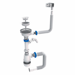 Сифон для кухонної мийки з пластиковим випуском 3½" виводом під пральну машину, квадратним переливом і гнучким відведенням Ø40/50мм (білий) TAU (9842823)