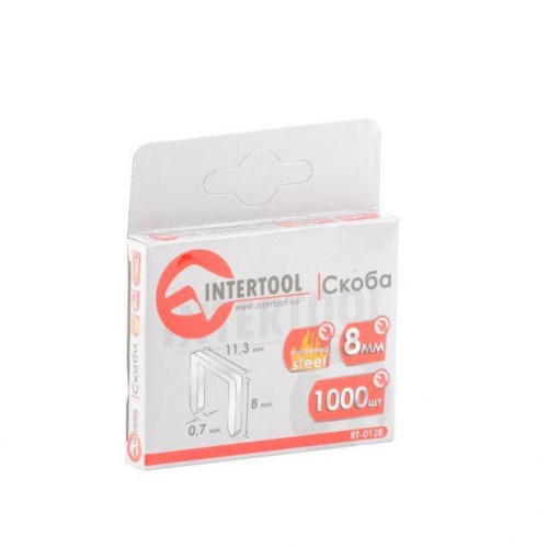 Скоба гартована 8 мм, уп. 1000 шт, ширина - 11.3 мм, переріз - 0.70 мм (під пістолет RT-0201) INTERTOOL RT-0128