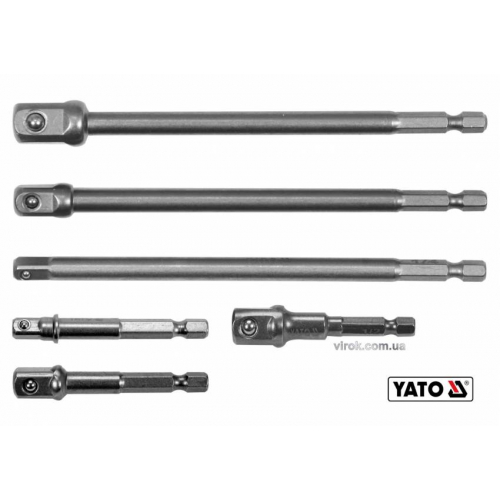 Тримачі-адаптери торцевих головок YATO: квадрат-1/4",3/8",1/2", L=50 та 150 мм, HEX-1/4", Cr-V, 6 шт.