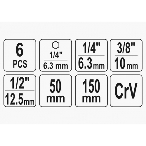 Тримачі-адаптери торцевих головок YATO: квадрат-1/4",3/8",1/2", L=50 та 150 мм, HEX-1/4", Cr-V, 6 шт.