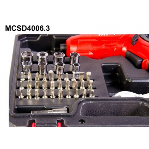 Викрутка акумуляторна поворотна MPT 4 В Li-ion 1.5 Аг 250 об/хв 3.5 Нм реверс USB кейс аксесуари 47 шт MCSD4006.3