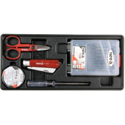 Вклад в інструментальну шафу YATO з 19 свердлами Ø=1-10 мм, ножиці, ніж, викрутка-індикатор 250 В