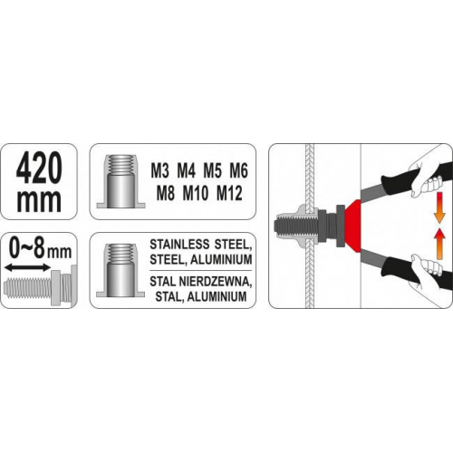 Заклепочник дворучний YATO для нітогайок М3; М4; М5; М6; М8; М10; М12; l=420 мм в футлярі